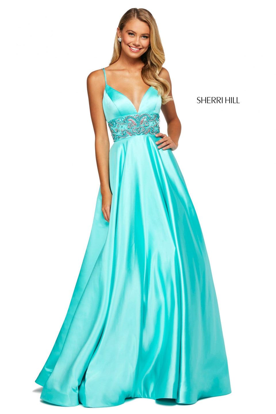 Sherri Hill Mikado A-line Dress With Sweetheart Neckline Wide Beaded Waistband And Spaghetti Straps