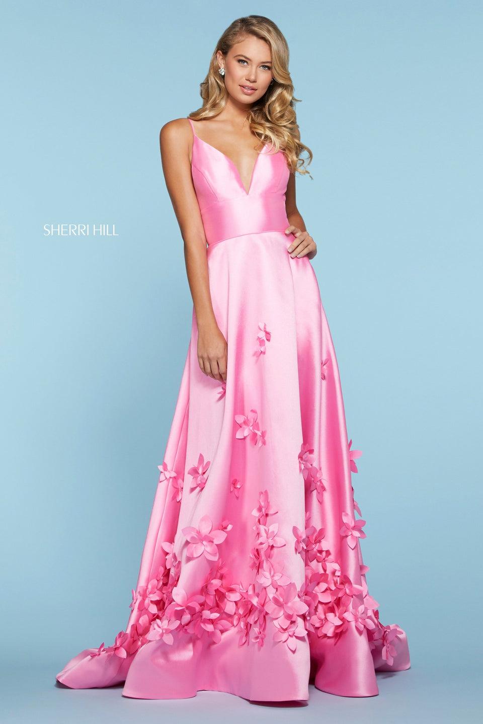 Sherri Hill Mikado A-line Dress With V Neckline And 3D Floral Detailing