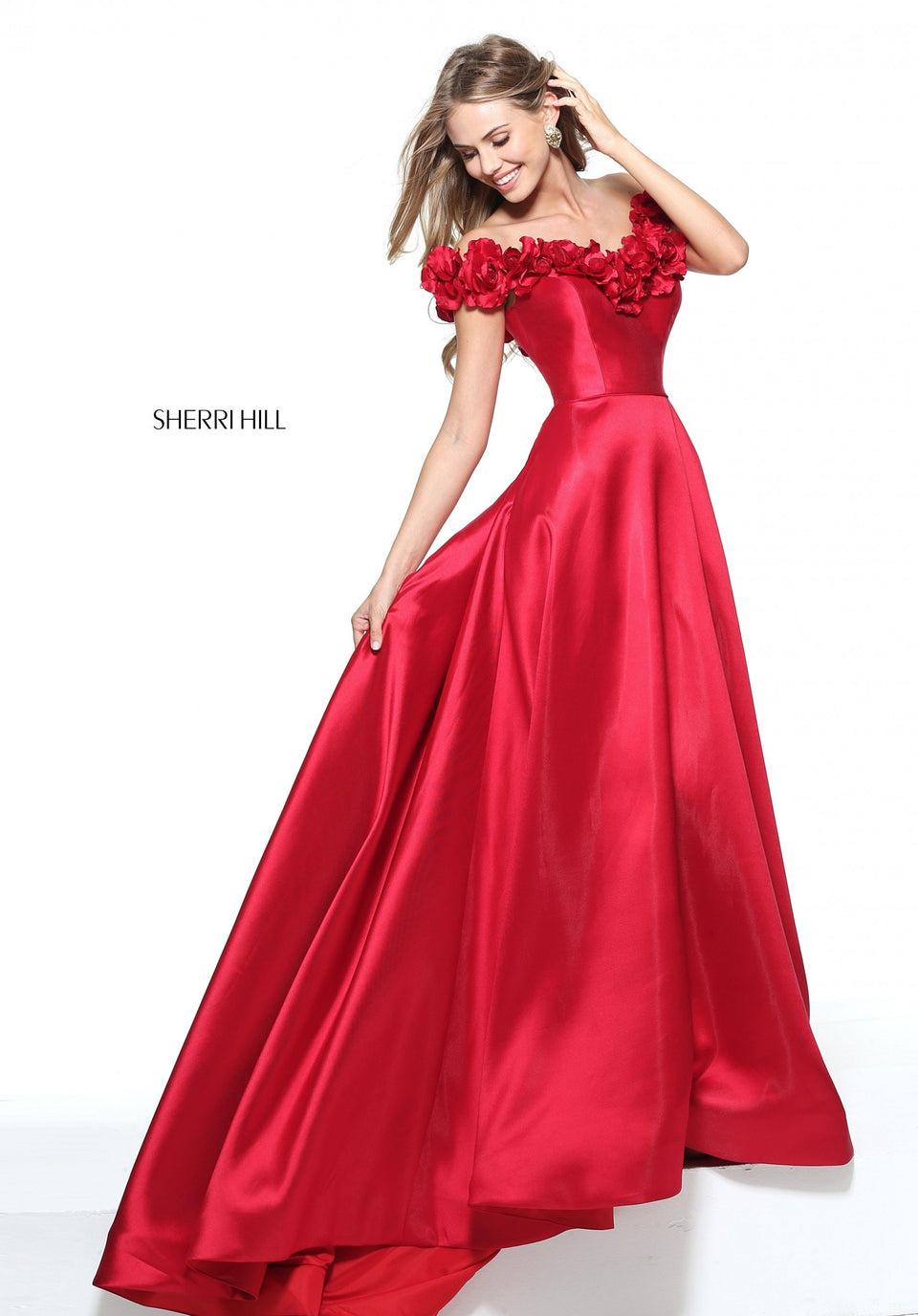 Sherri Hill Mikado A-line Gown With A 3D Flower Off-the-shoulder Bodice