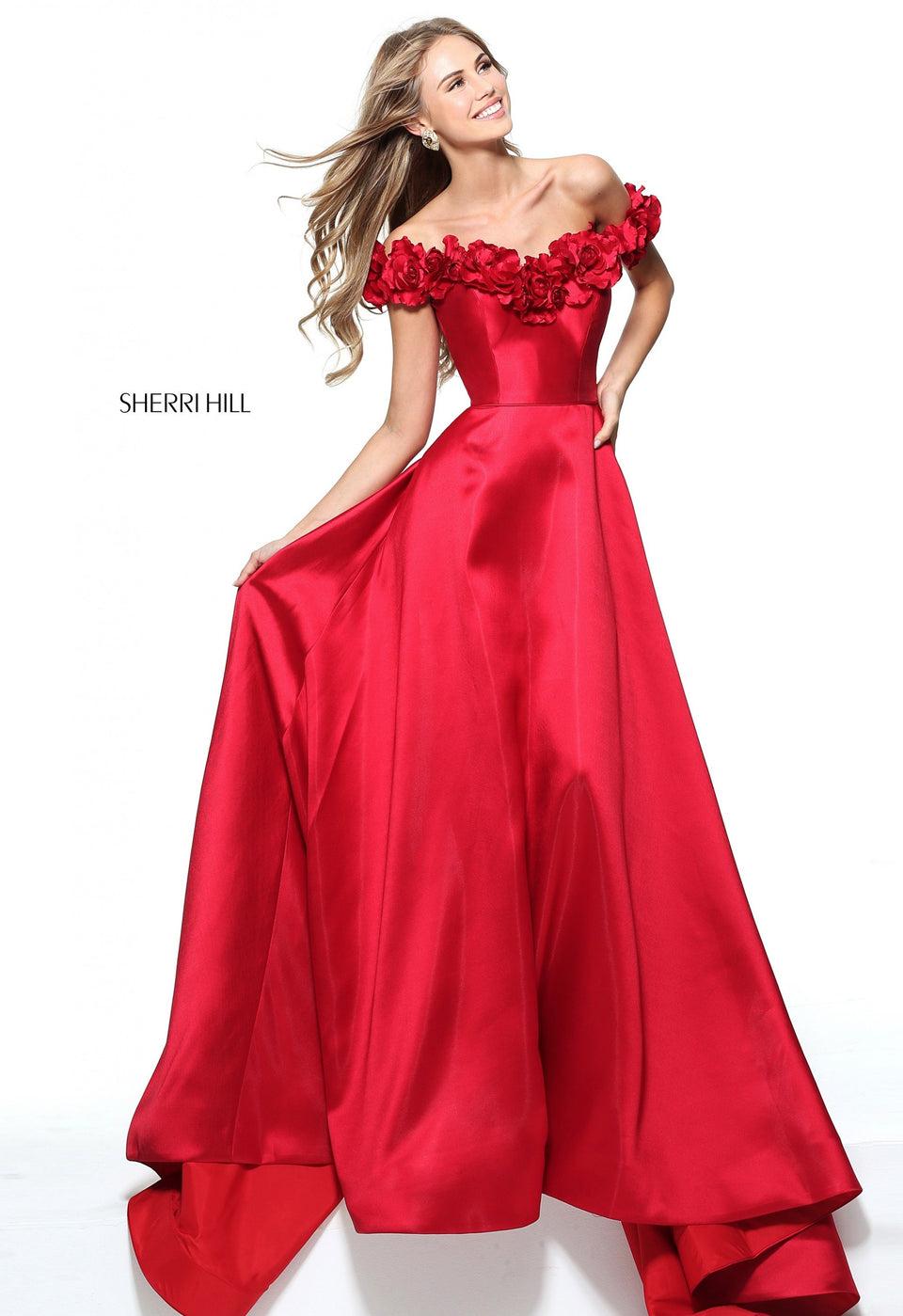 Sherri Hill Mikado A-line Gown With A 3D Flower Off-the-shoulder Bodice