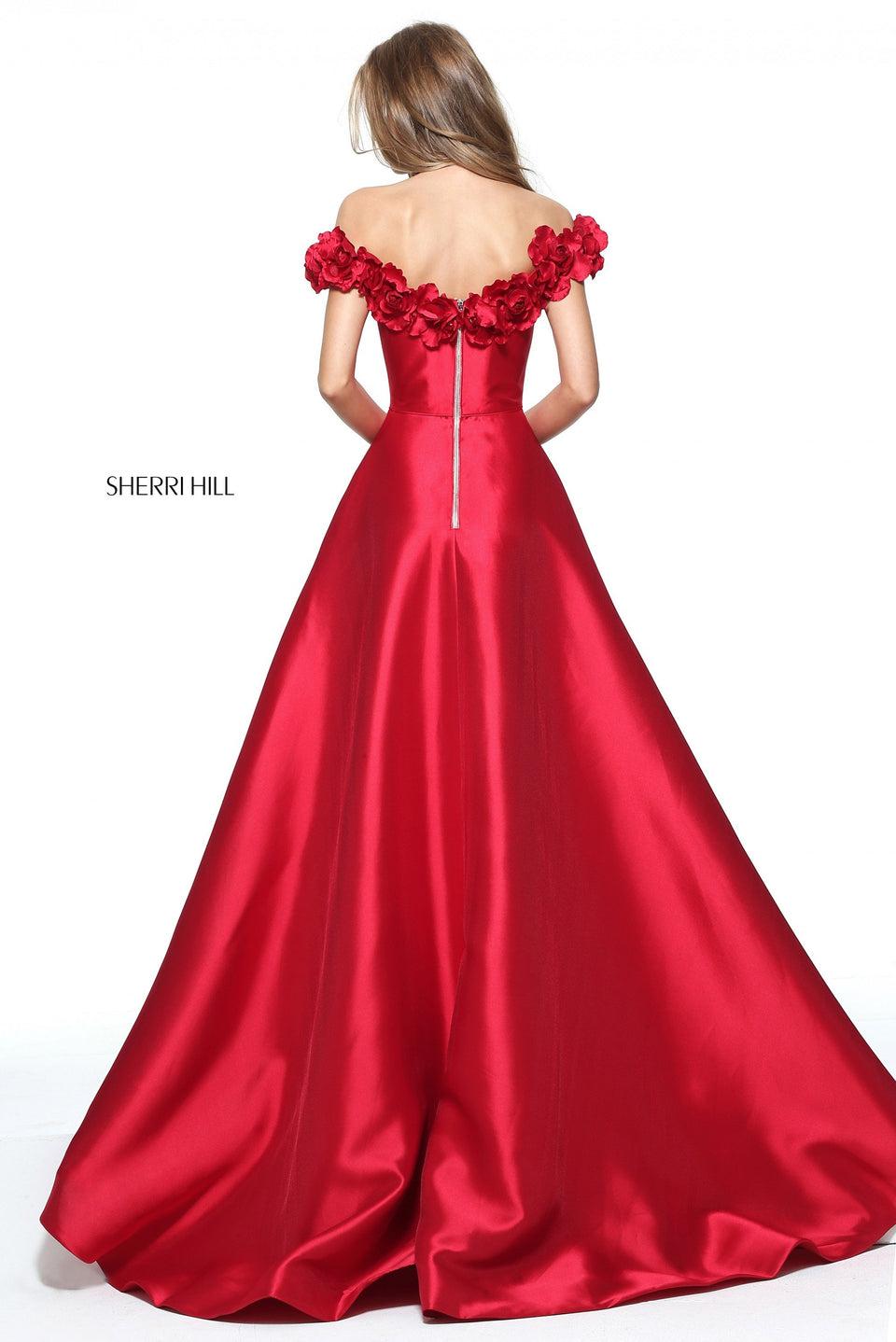 Sherri Hill Mikado A-line Gown With A 3D Flower Off-the-shoulder Bodice