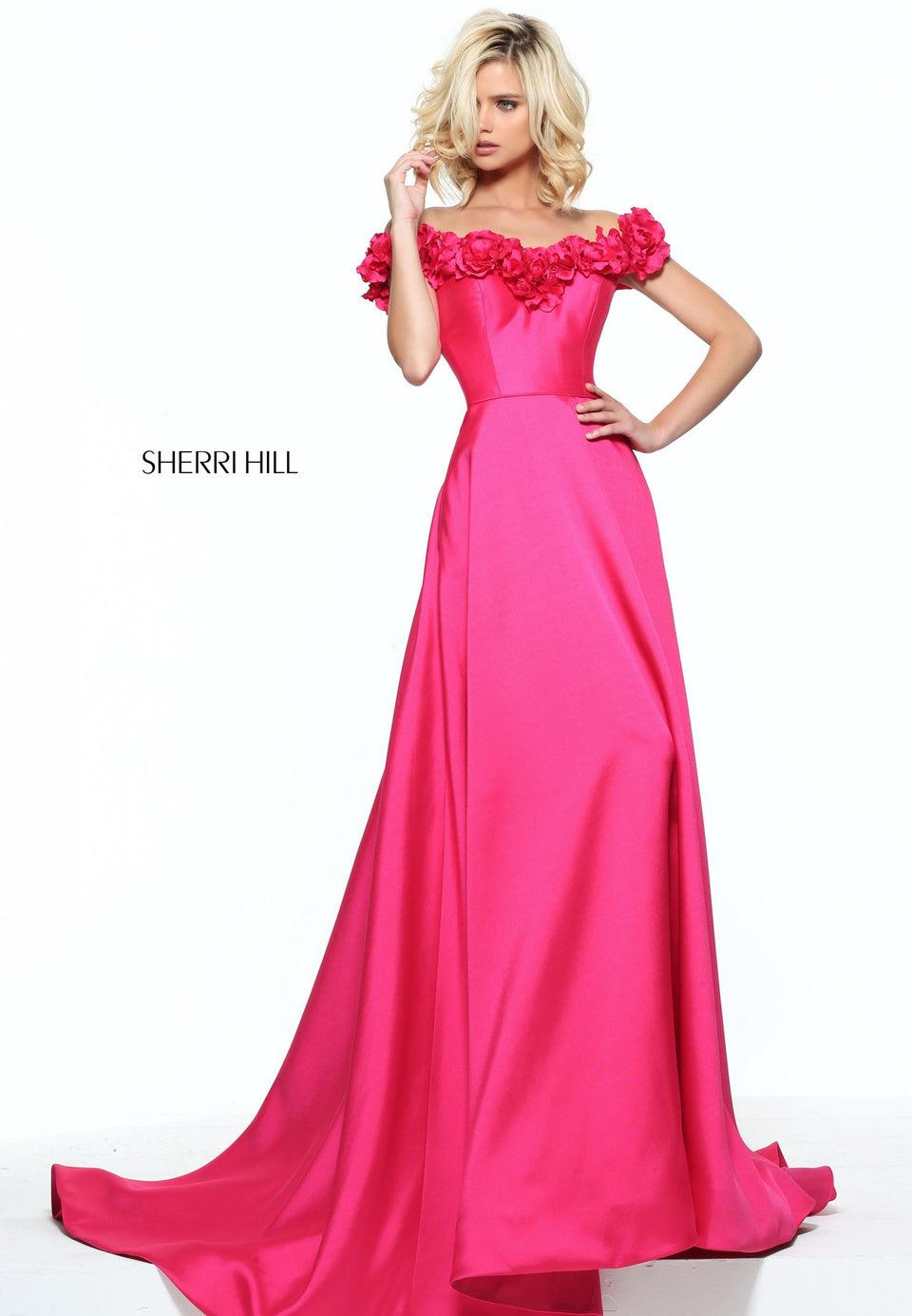 sherri hill Mikado A-line gown with a 3D flower off-the-shoulder bodice