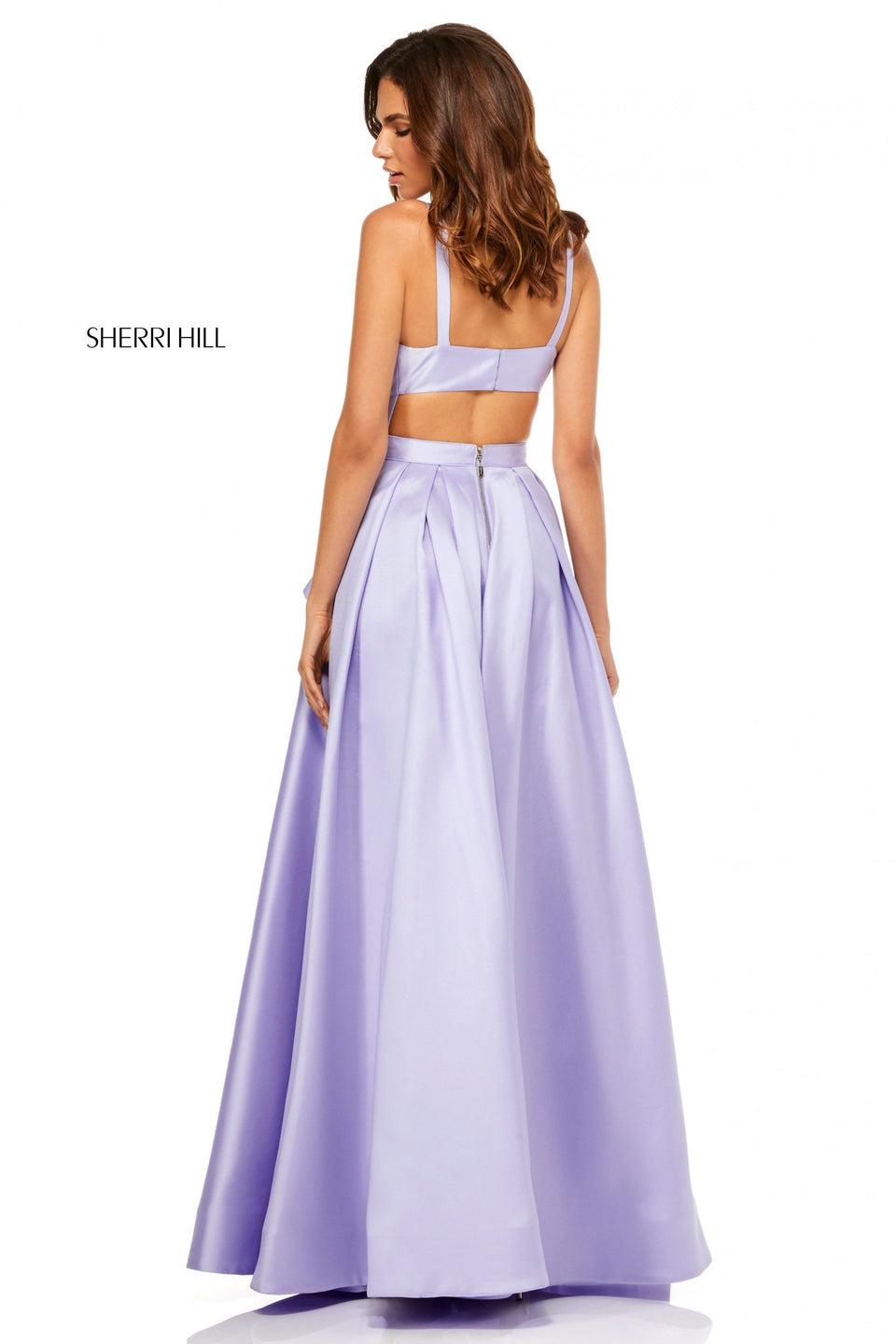 Sherri Hill Mikado A-line Gown With A Ruffle Front Slit And Cut Out Back