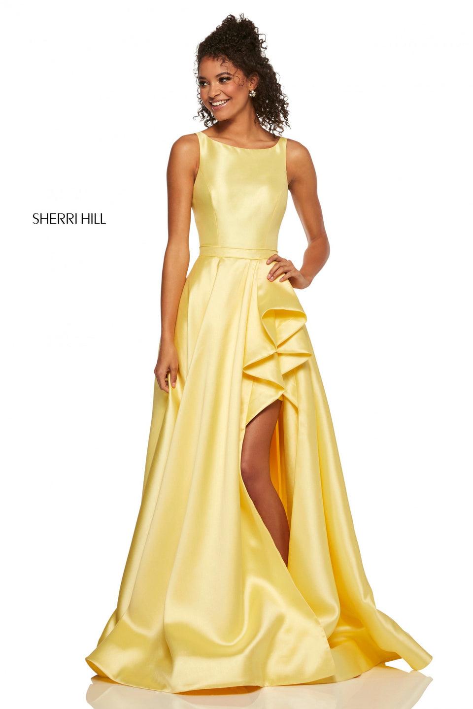 Sherri Hill Mikado A-line Gown With A Ruffle Front Slit And Cut Out Back