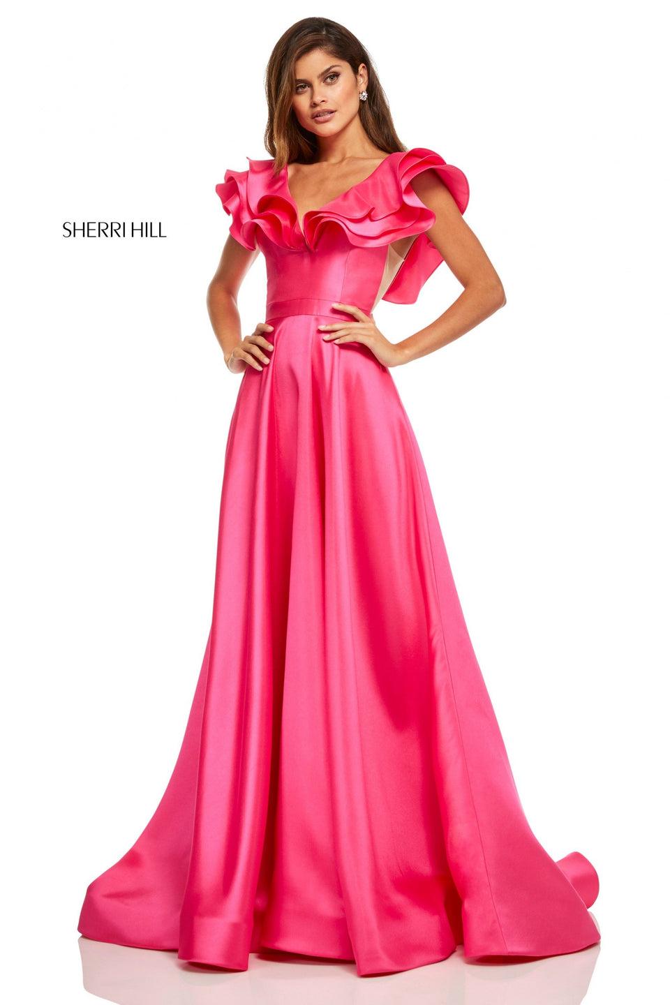sherri hill Mikado A-line gown with ruffle shoulders and sheer sides