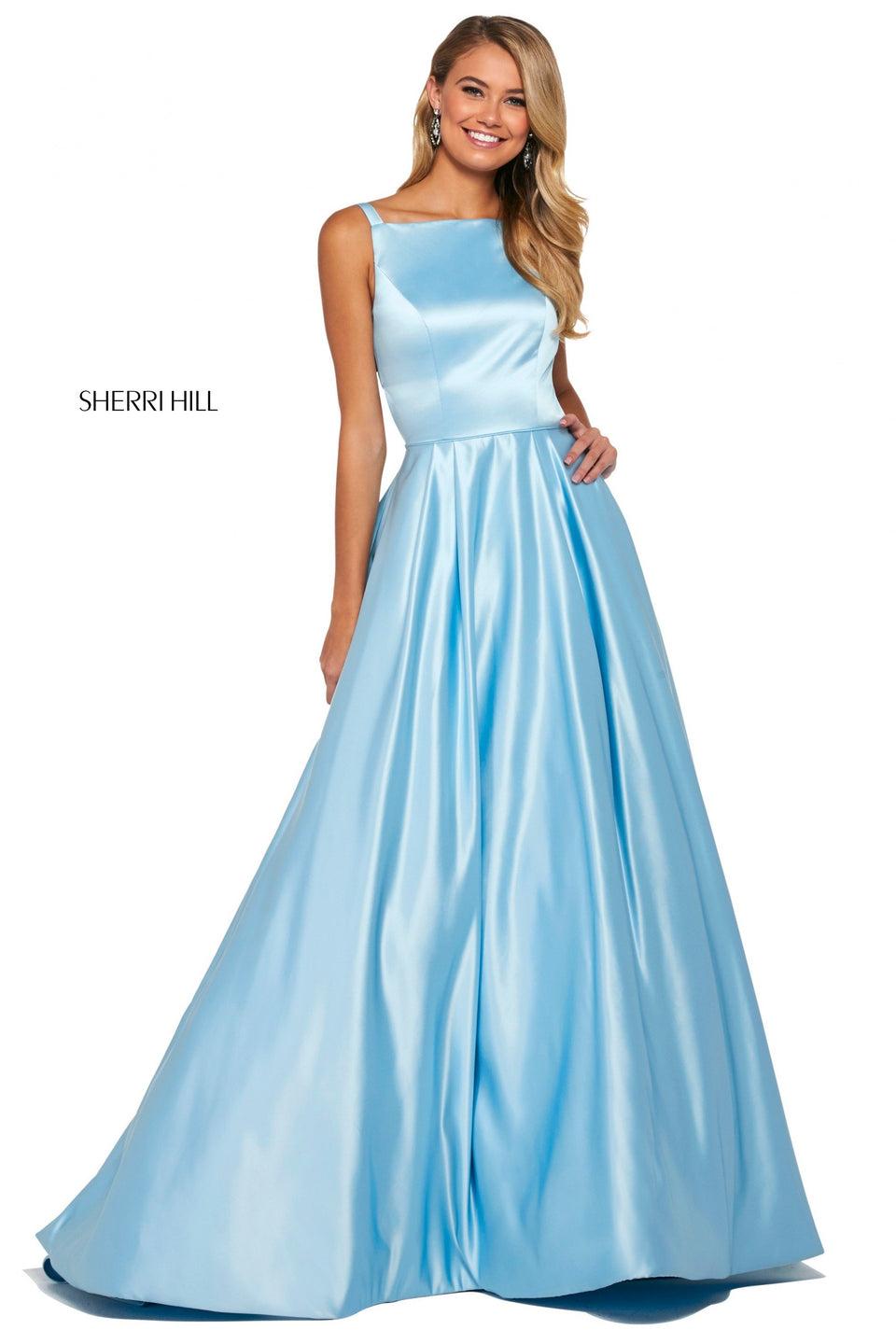sherri hill Mikado A-line with bateau neckline cut out back and embellished buttons