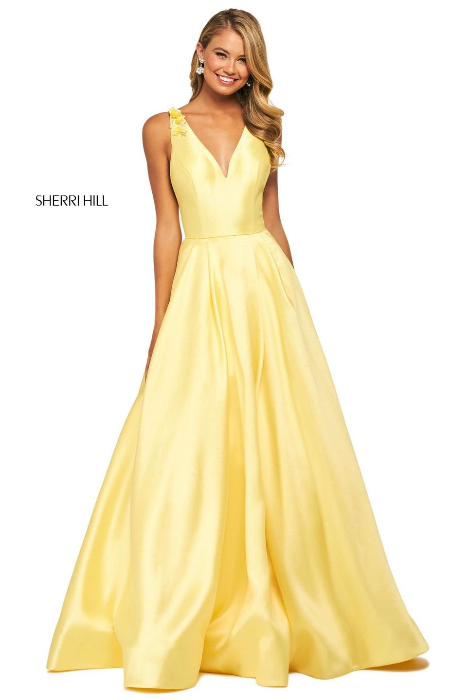 sherri hill Mikado A-line with pockets V neckline and appliques on shoulders