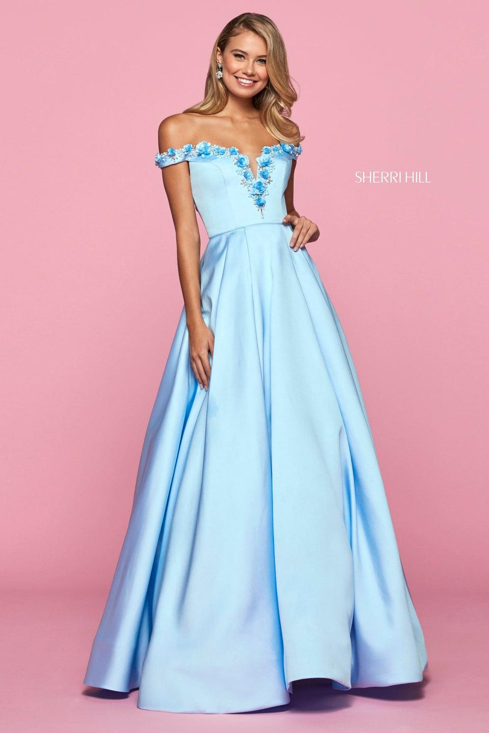 sherri hill Mikado A-line with V neckline and off-the-shoulder straps embellished with flowers and beading