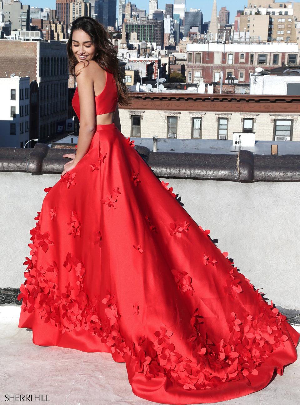 Sherri Hill Mikado Ball Gown With Cut Out Sides And 3D Flowers Along Skirt