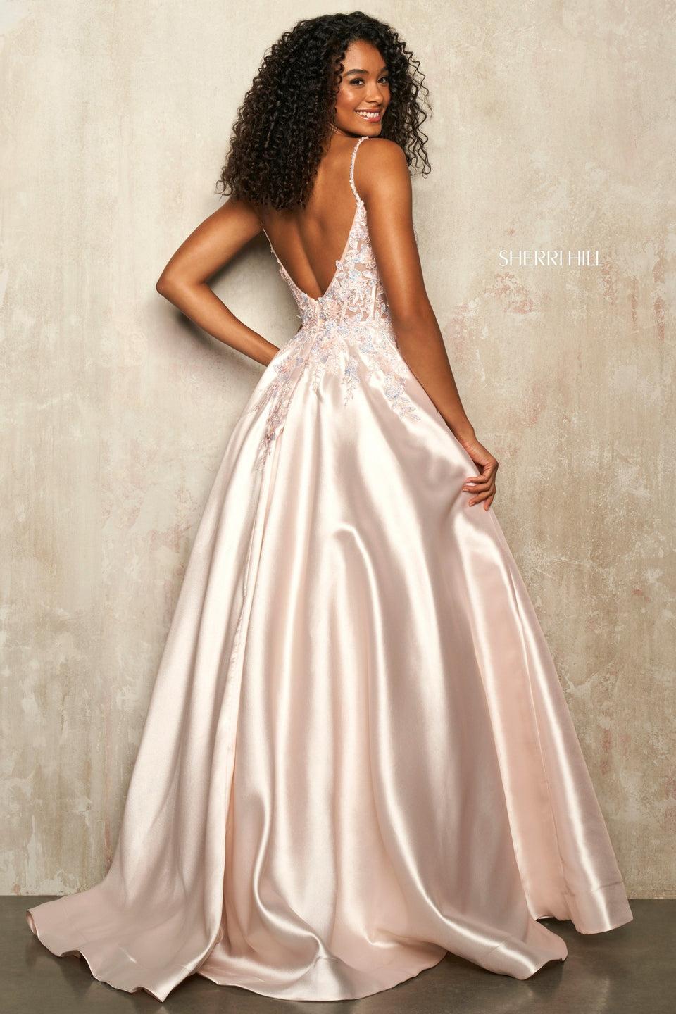 Sherri Hill Mikado Ball Gown With Lace Deep V Neckline Bodice And Open Back
