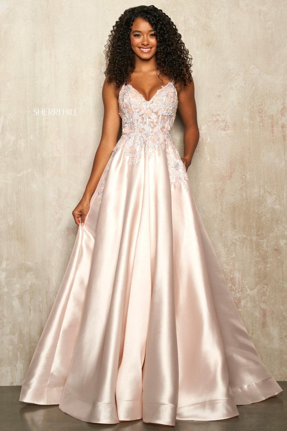 sherri hill Mikado ball gown with lace deep V neckline bodice and open back