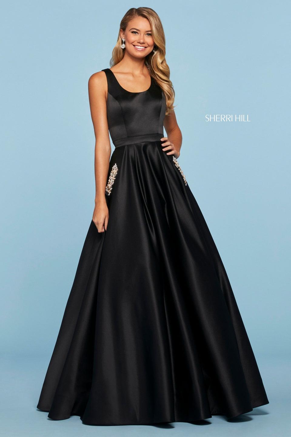 Sherri Hill Mikado Ball Gown With Rounded Neckline Back Cut Out Jeweled Button Back And Embellished Pockets