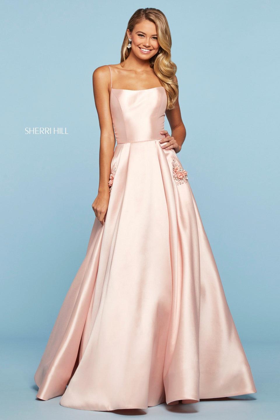 Sherri Hill Mikado Ball Gown With Rounded Neckline Back Cut Out Jeweled Button Back And Embellished Pockets