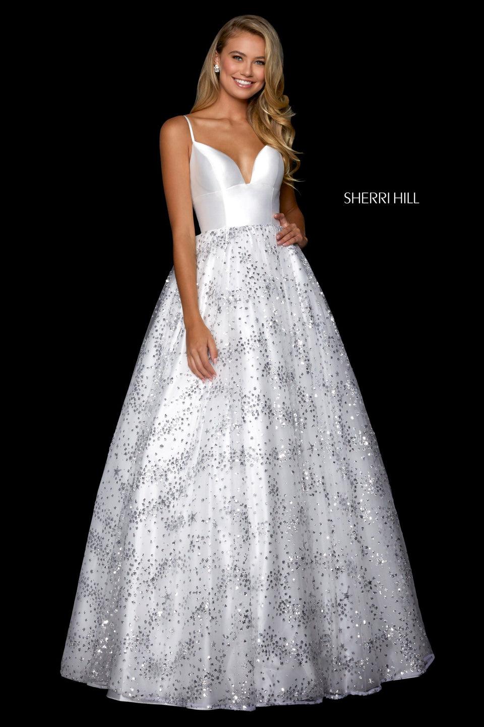 Sherri Hill Mikado Bodice With Deep Sweetheart Neckline And Corset Style Lace Up Back With Scattered Glitter Sequins Tulle Ballgown Skirt