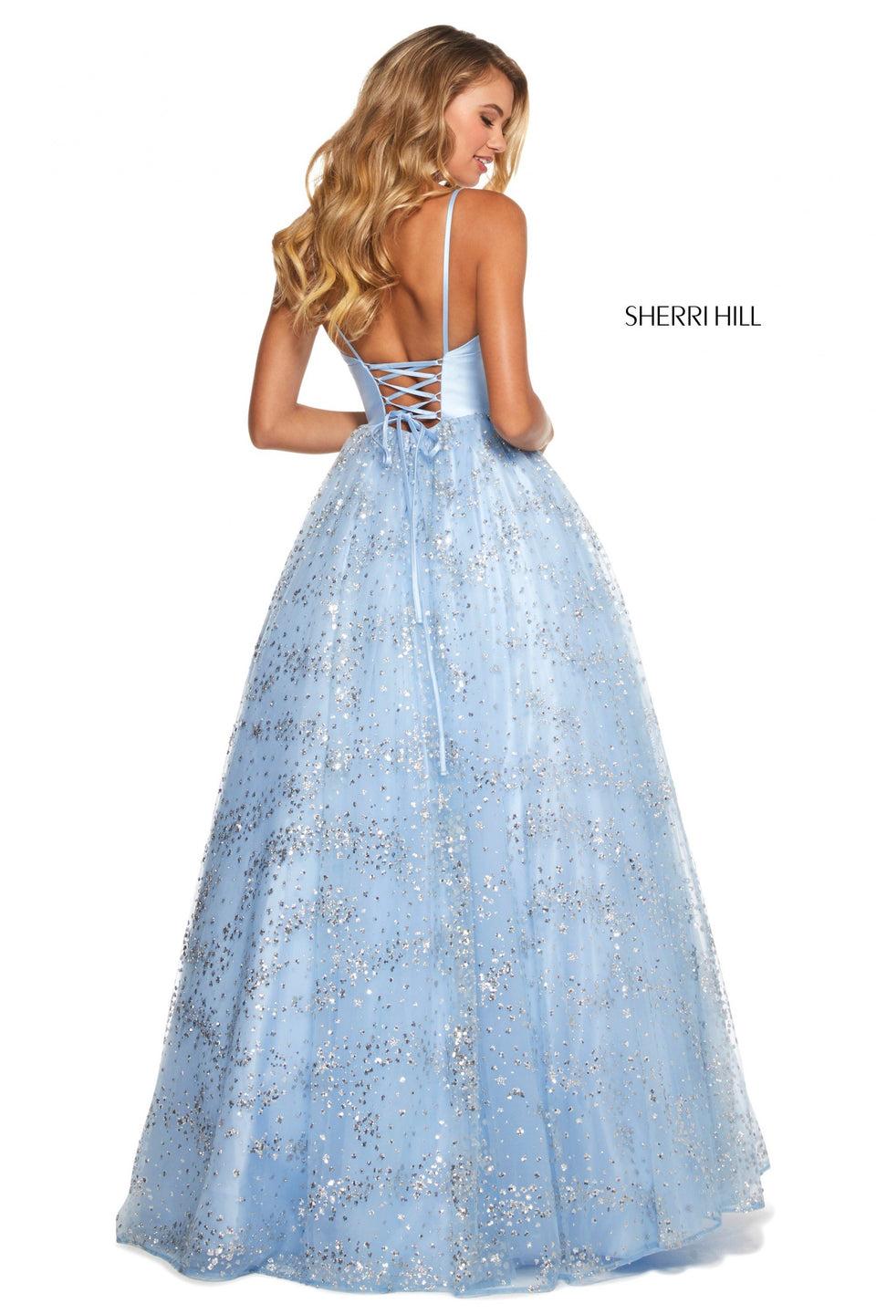 Sherri Hill Mikado Bodice With Deep Sweetheart Neckline And Corset Style Lace Up Back With Scattered Glitter Sequins Tulle Ballgown Skirt