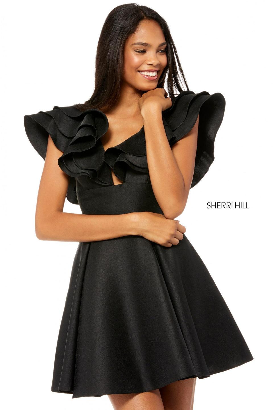sherri hill Mikado cocktail with V-neck bodice and ruffle sleeves