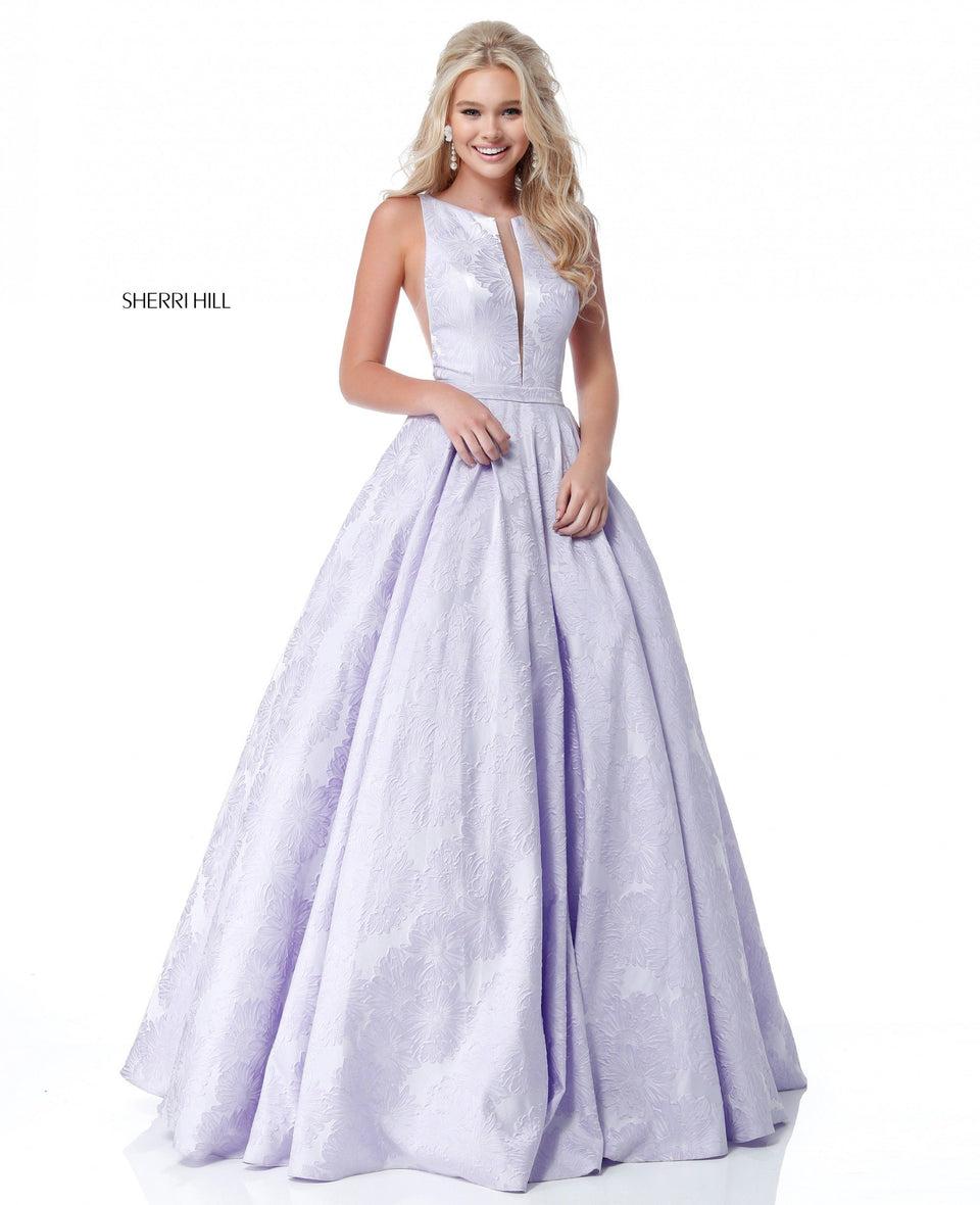 Sherri Hill Mikado Embroidered Ball Gown With Deep-V Bodice And Sides