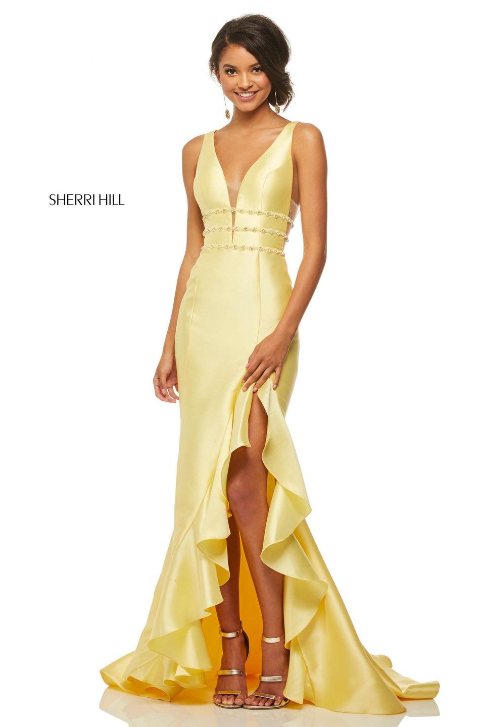 sherri hill Mikado mermaid with a V-neck bodice and ruffle front slit