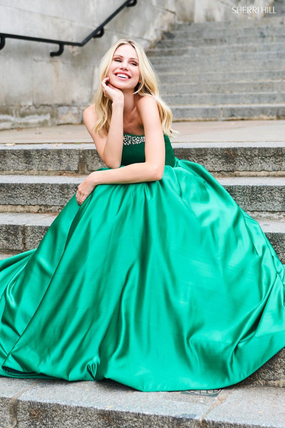 Sherri Hill Mikado Strapless Ball Gown With Embellished Neckline And Pockets