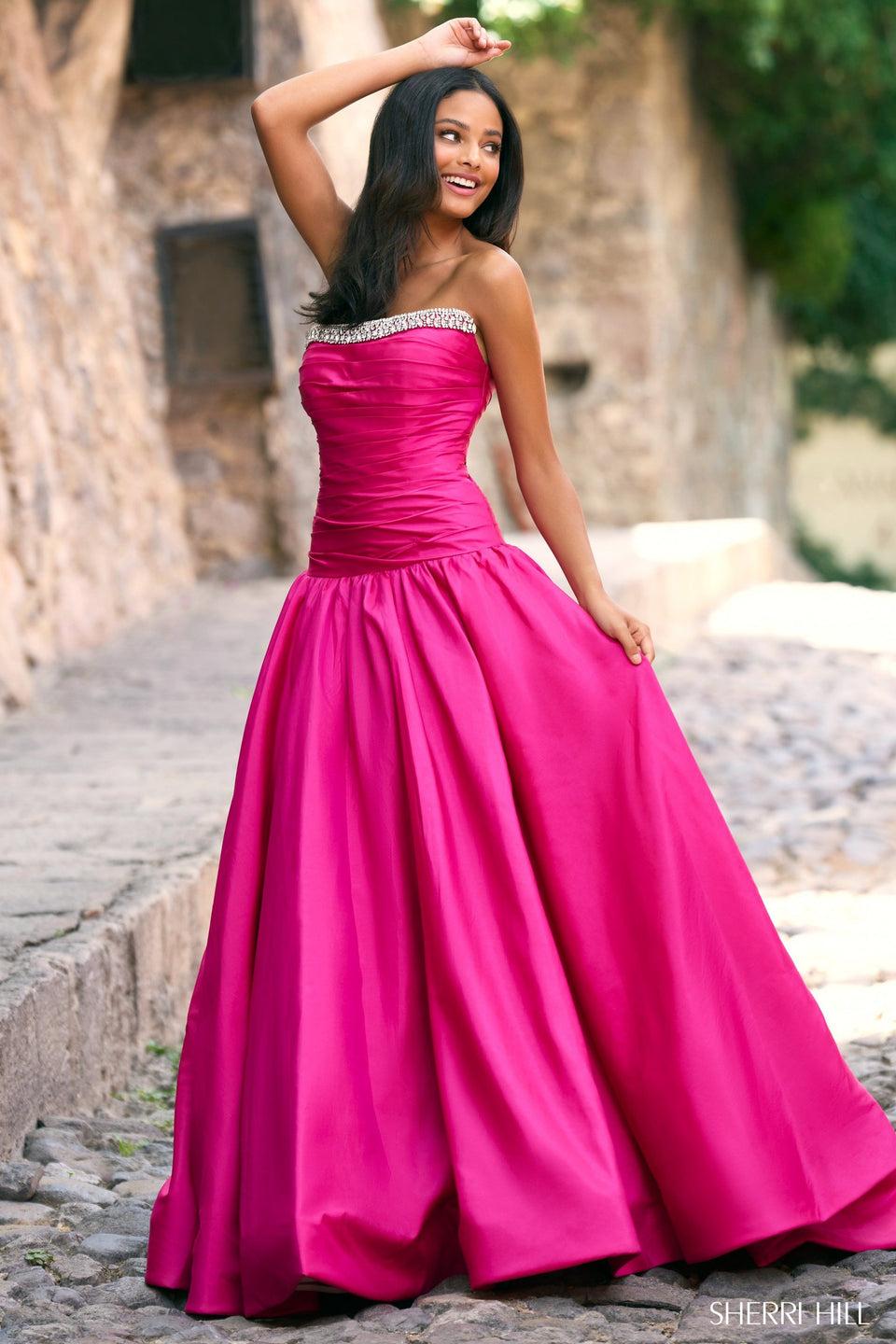 sherri hill Mikado strapless ballgown with ruched bodice and beaded trim