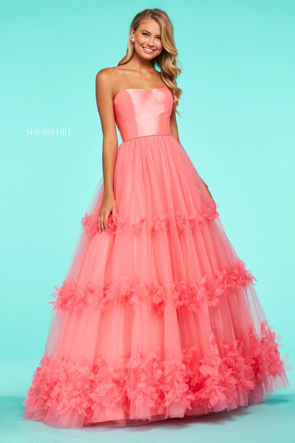 sherri hill Mikado strapless neckline bodice with flower appliqued tulle ball gown skirt