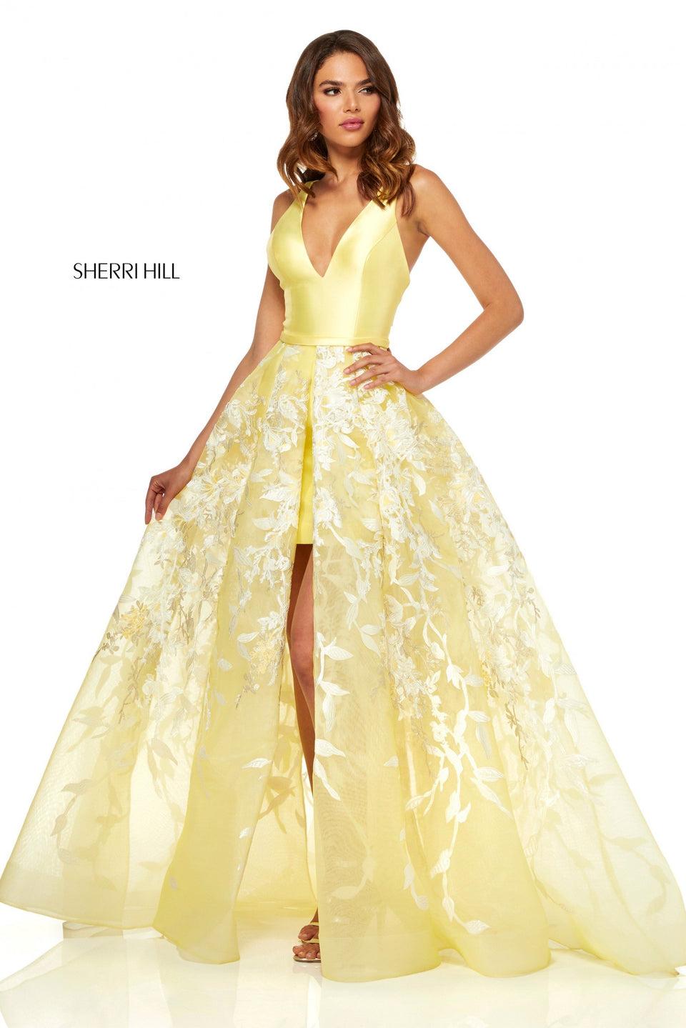 Sherri Hill Mikado V-neck Dress With Sheer Stiff Organza Embroidered Overskirt