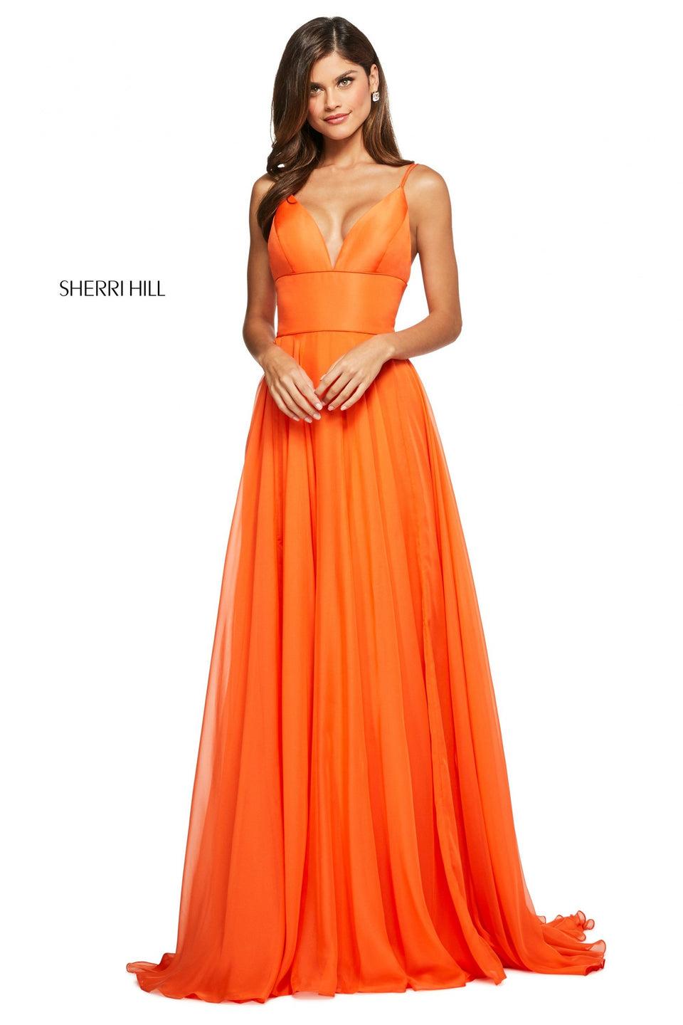 Sherri Hill Mikado V Neck Lace Up Back Bodice With Chiffon Skirt