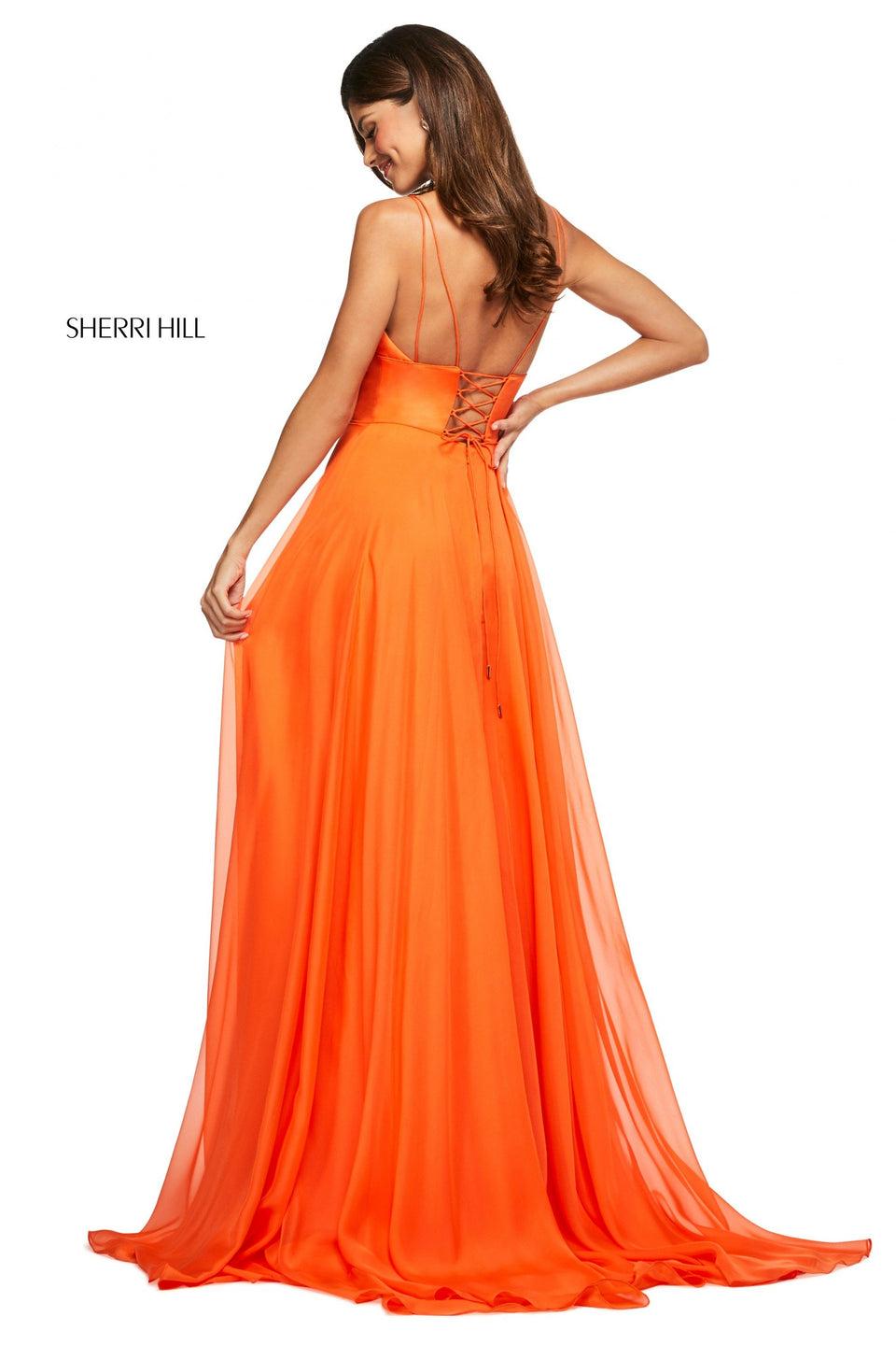 Sherri Hill Mikado V Neck Lace Up Back Bodice With Chiffon Skirt
