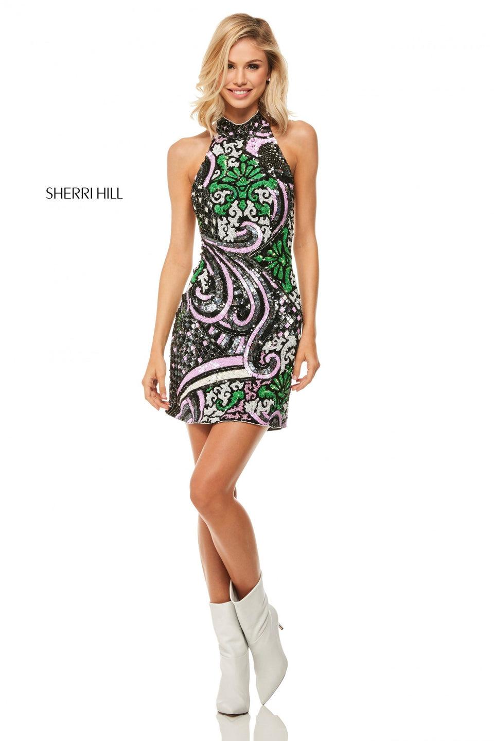 Sherri Hill Multi Beaded Cocktail With High Neck And Cut Out Back