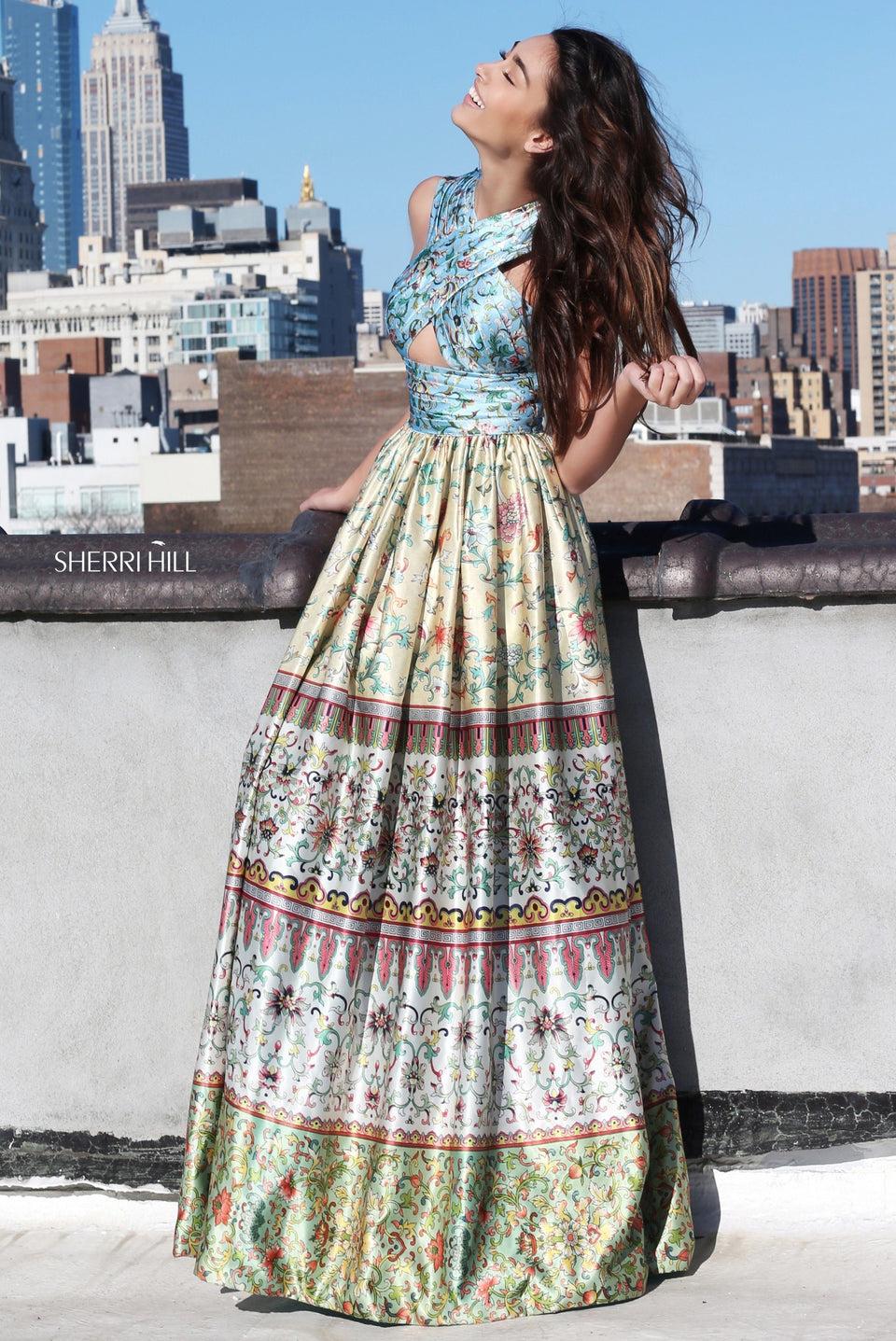 Sherri Hill Multi Print A-line Gown With A Keyhole Bodice