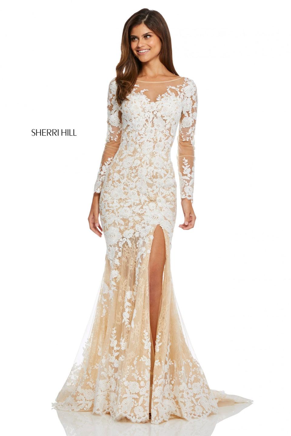 sherri hill Nude illusion long sleeve lace mermaid with a lace up back sherri hill Nude illusion long sleeve lace mermaid with a lace up back