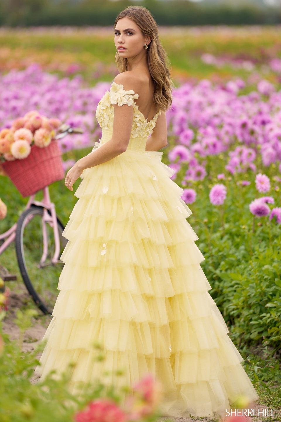 Sherri Hill Off The Shoulder 3D Floral Tulle Ballgown With Ruffle Skirt