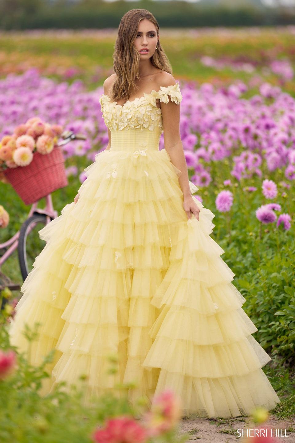 sherri hill Off the shoulder 3D floral tulle ballgown with ruffle skirt sherri hill Off the shoulder 3D floral tulle ballgown with ruffle skirt