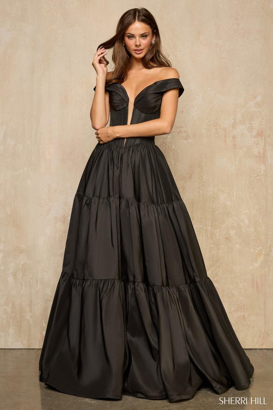 sherri hill Off the shoulder ballgown with deep V illusion neckline