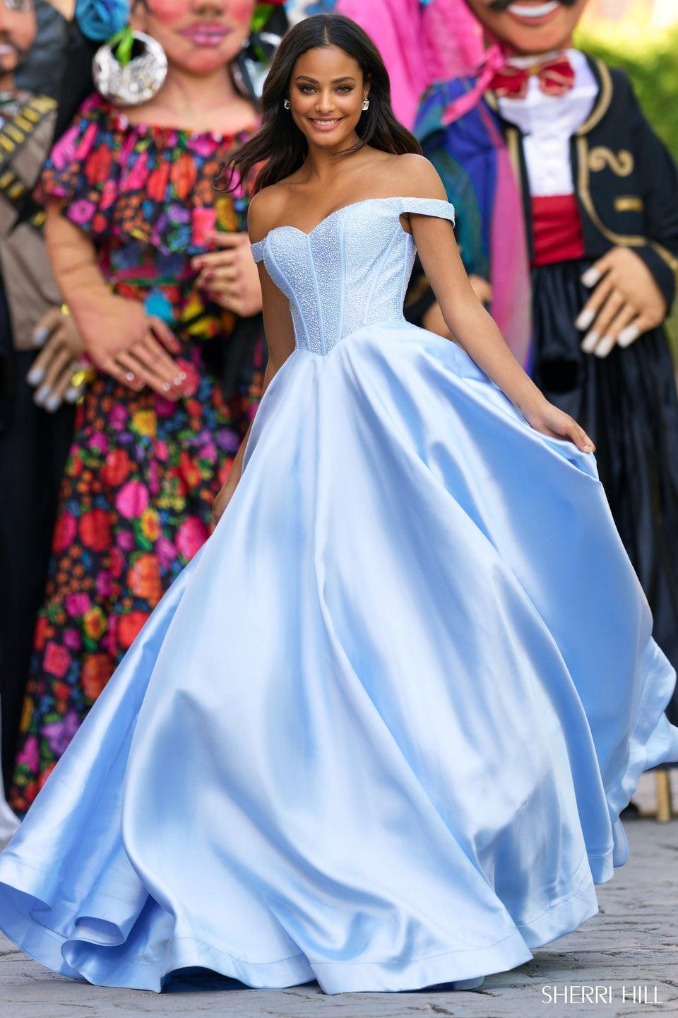 sherri hill Off the shoulder ballgown with hot fix corset bodice and mikado skirt
