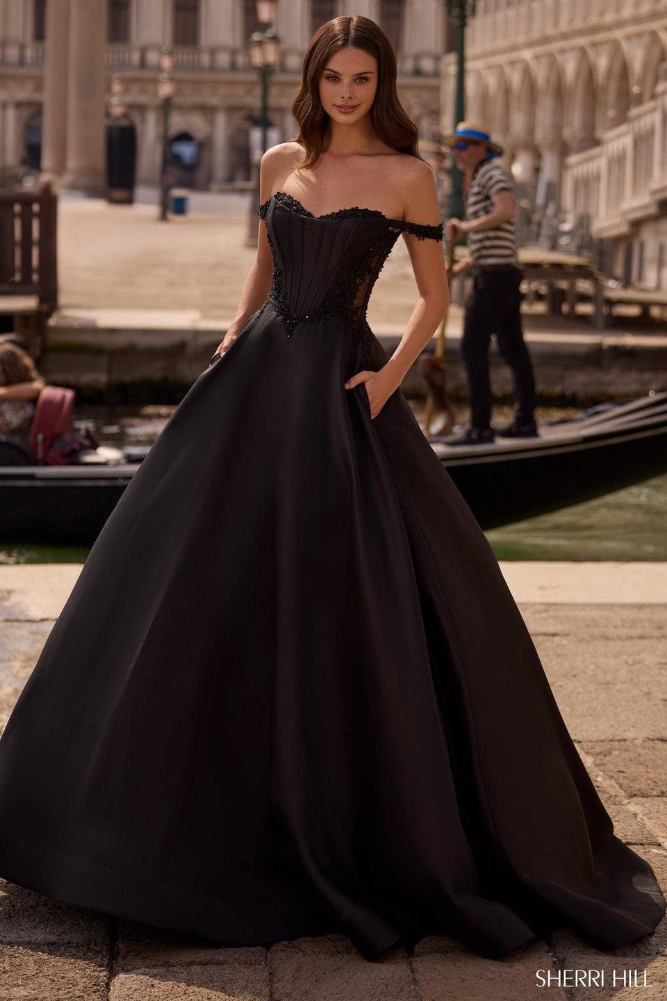 sherri hill Off the shoulder ballgown with sheer sides and lace details sherri hill Off the shoulder ballgown with sheer sides and lace details