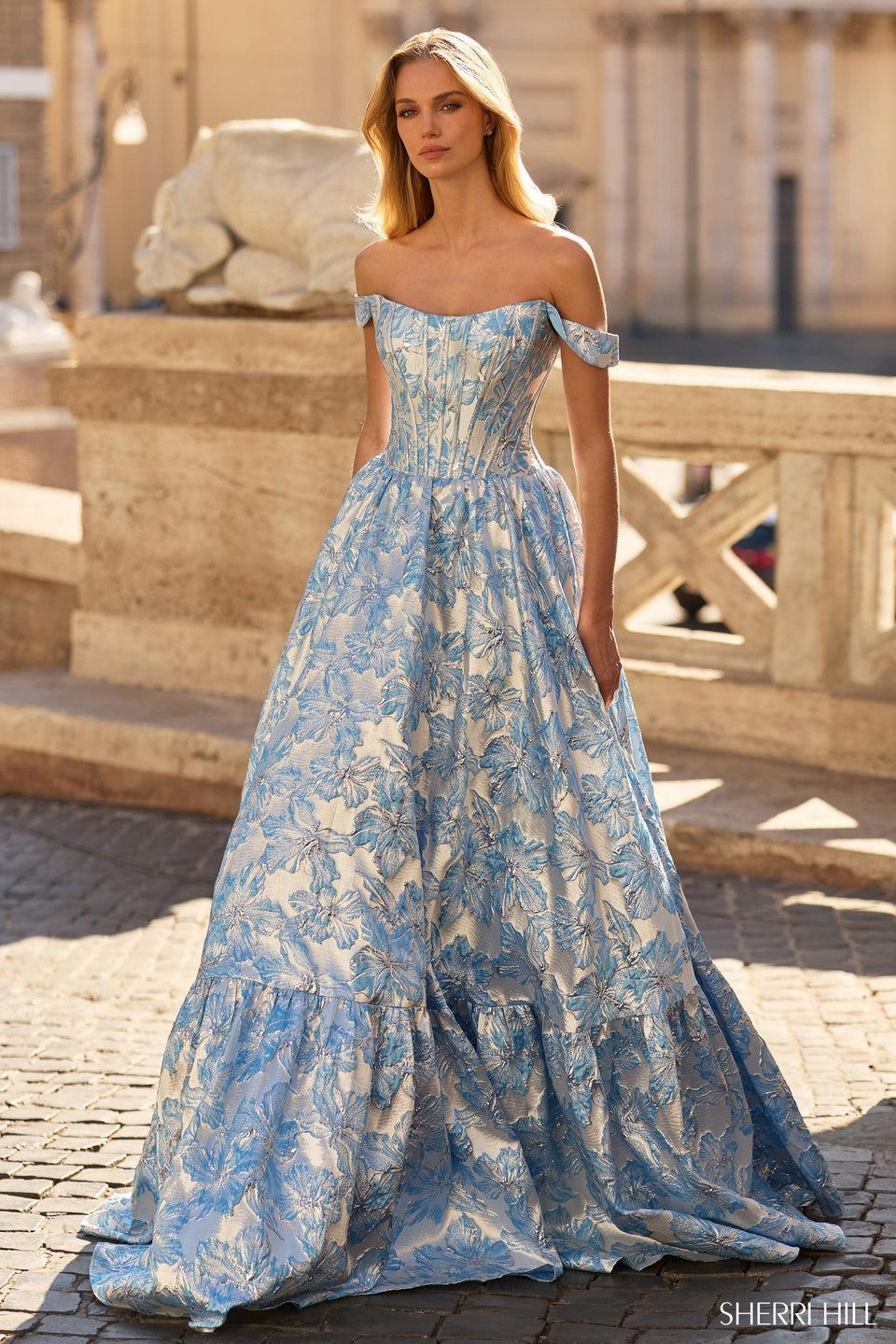 sherri hill Off the shoulder brocade ballgown with corset bodice sherri hill Off the shoulder brocade ballgown with corset bodice