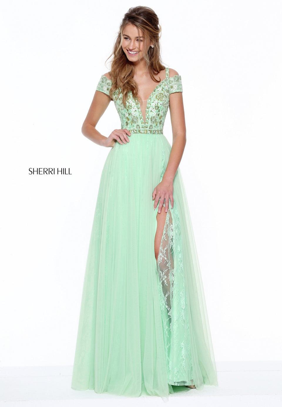 Sherri Hill Off-the-shoulder Embroidered Bodice With A Tulle And Lace Skirt