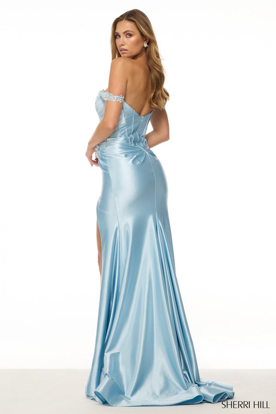 Sherri Hill Off The Shoulder Fitted Gown With Corset Bodice Flower Embellishment And Skirt Slit