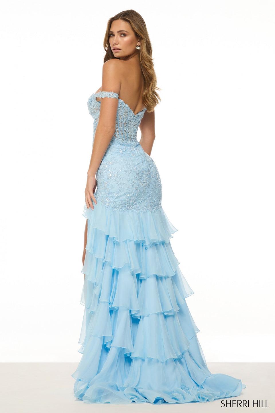 Sherri Hill Off The Shoulder Fitted Lace Gown Corset Bodice Keyhole And Chiffon Ruffle Skirt