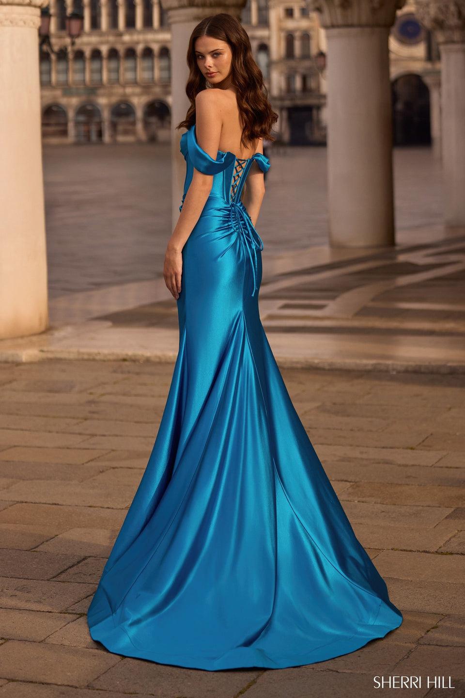 Sherri Hill Off The Shoulder Fitted Stretch Satin Gown With Corset Bodice Skirt Skit And A Lace Up Back