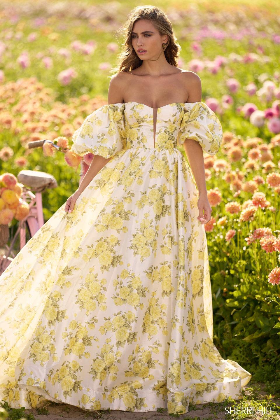 Sherri Hill Off The Shoulder Floral Print Ball Gown With Ballon Sleeves And Skirt Slit