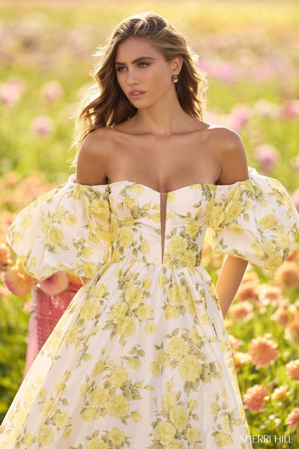 sherri hill Off the shoulder floral print ball gown with ballon sleeves and skirt slit