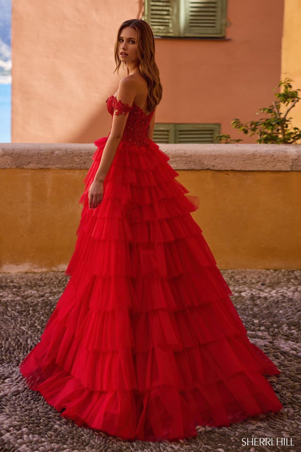 Sherri Hill Off The Shoulder Lace Bodice Ball Gown With Tulle Ruffle Skirt