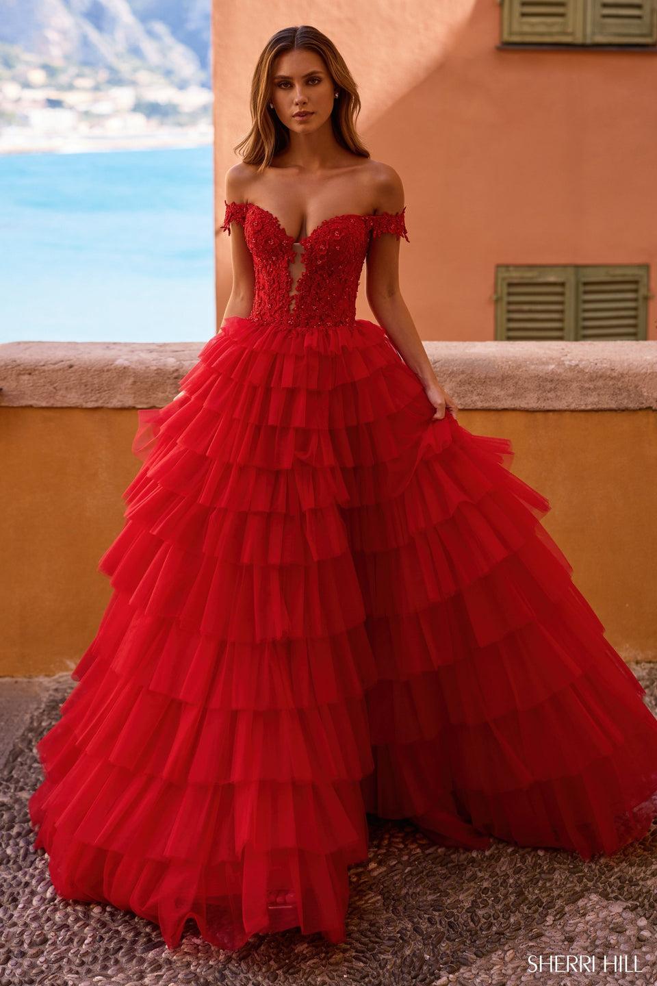 sherri hill Off the shoulder lace bodice ball gown with tulle ruffle skirt sherri hill Off the shoulder lace bodice ball gown with tulle ruffle skirt