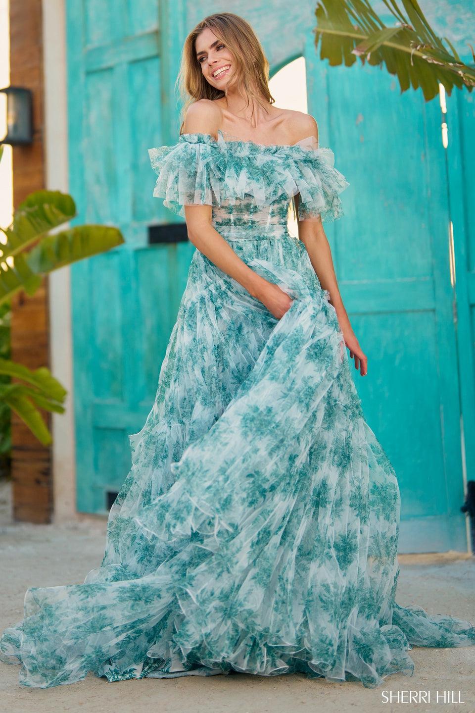 Sherri Hill Off The Shoulder Ruffle Floral Print Gown With Sheer Corset Bodice