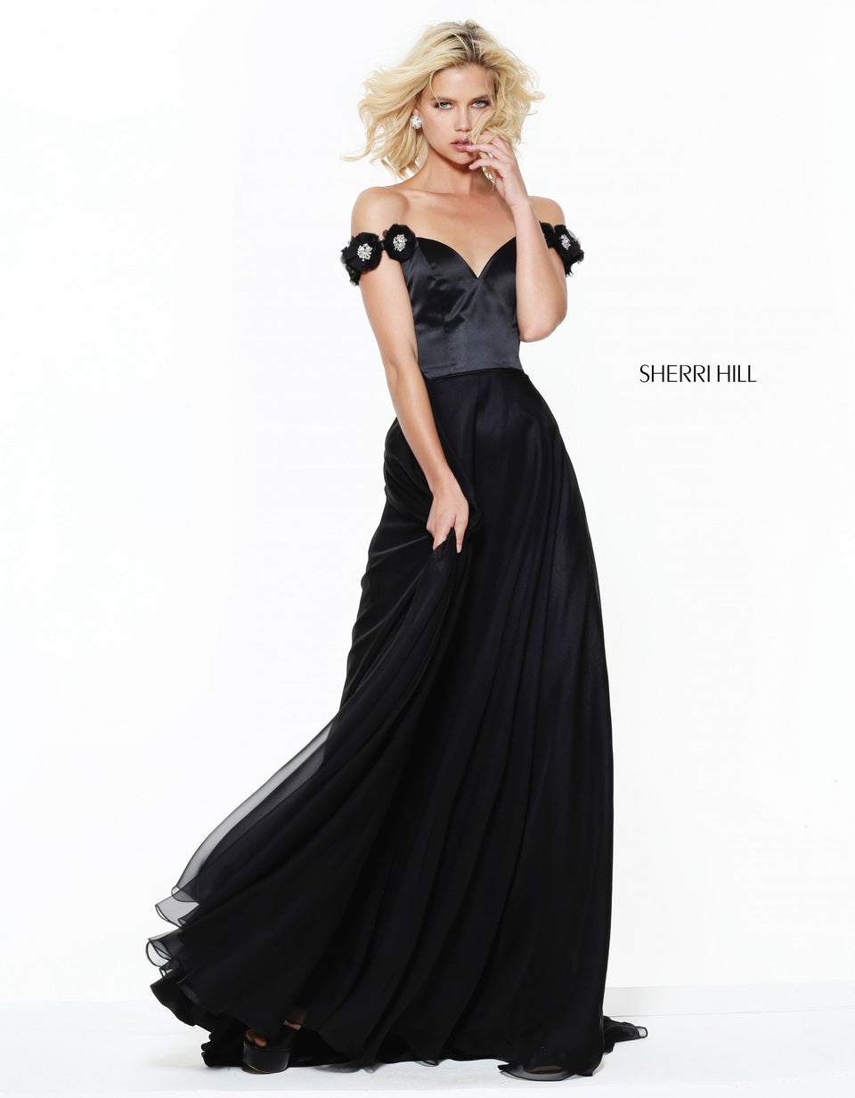 Sherri Hill Off-the-shoulder Satin Bodice With A Chiffon Skirt And Beaded Shoulder Detail