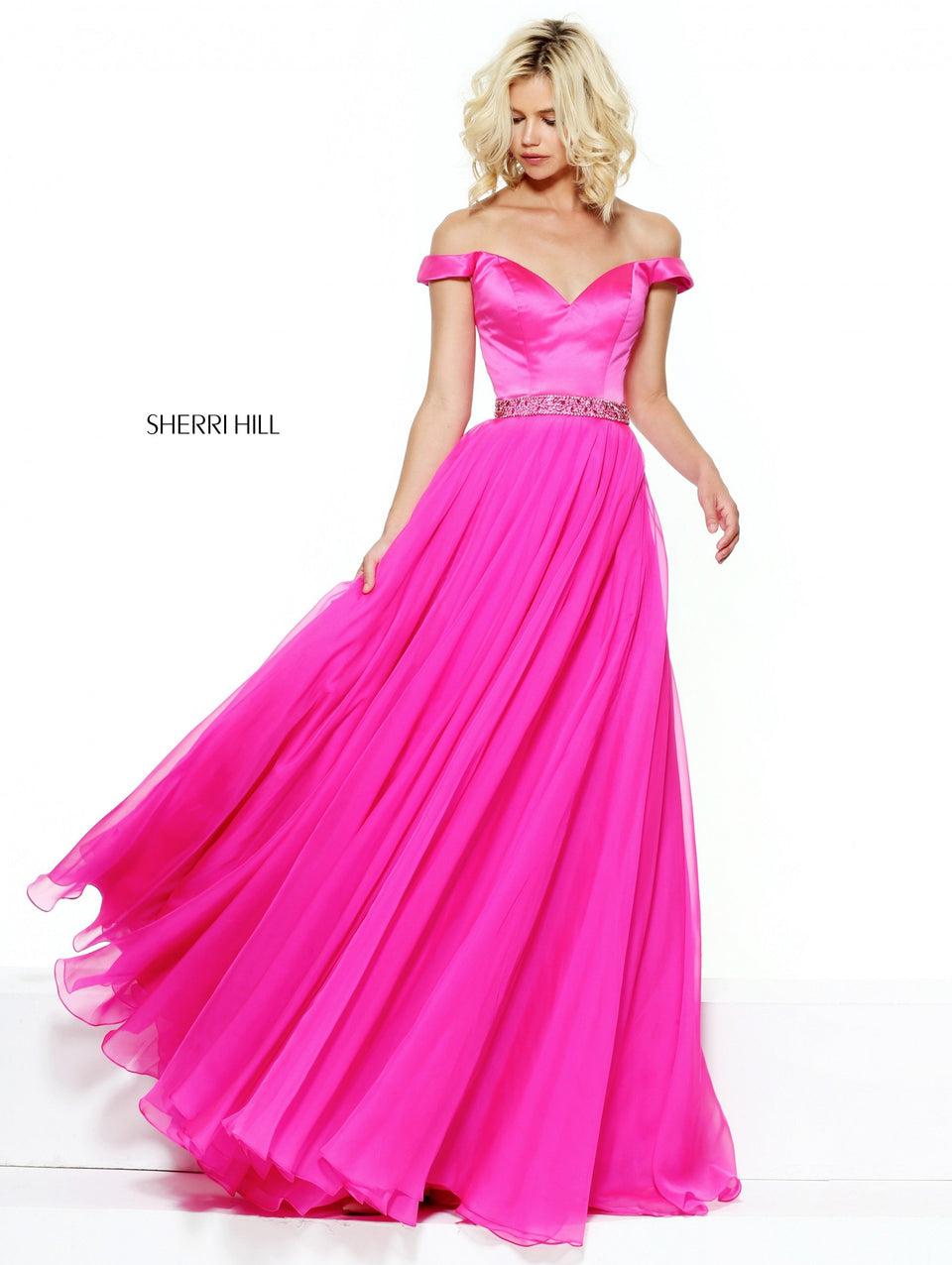 Sherri Hill Off-the-shoulder Satin Bodice With A Chiffon Skirt And Beaded Waist Band