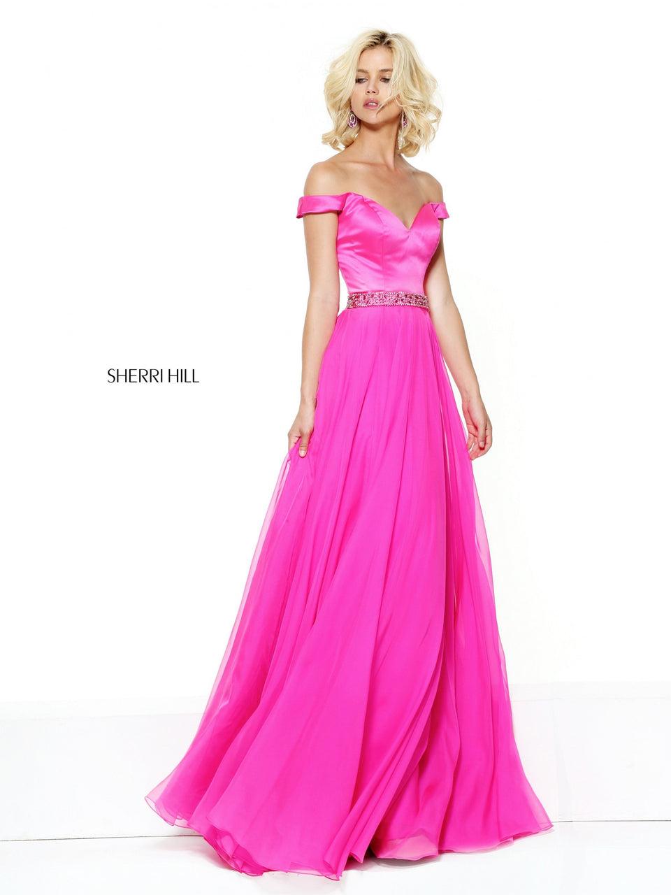 sherri hill Off-the-shoulder satin bodice with a chiffon skirt and beaded waist band