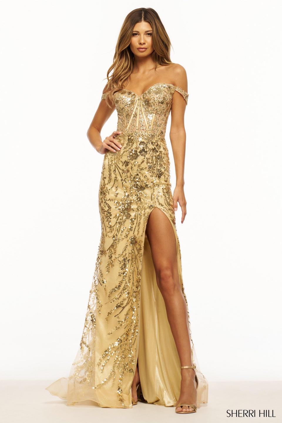 sherri hill Off the shoulder sequin gown with corset bodice and skirt slit